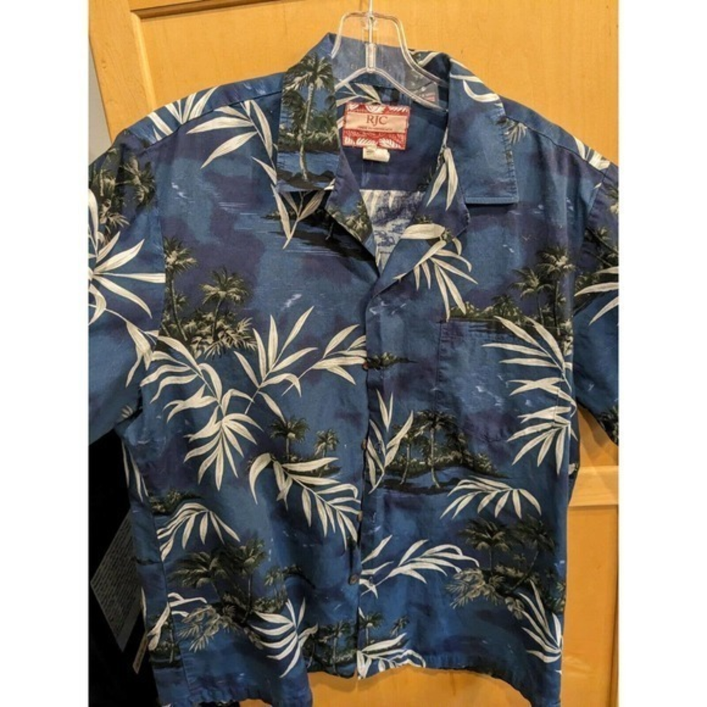 RJC‎ Green Hawaiian floral Blue Palm Tree Shirt Sz Large (XL)